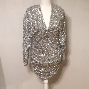 Silver sequin fitted mini dress.